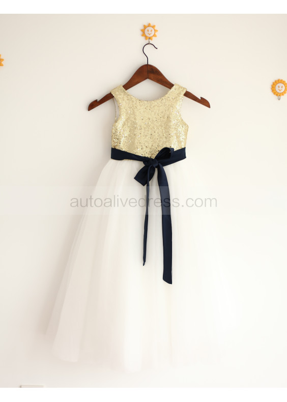 Gold Sequin Ivory Tulle Navy Blue Sash Flower Girl Dress